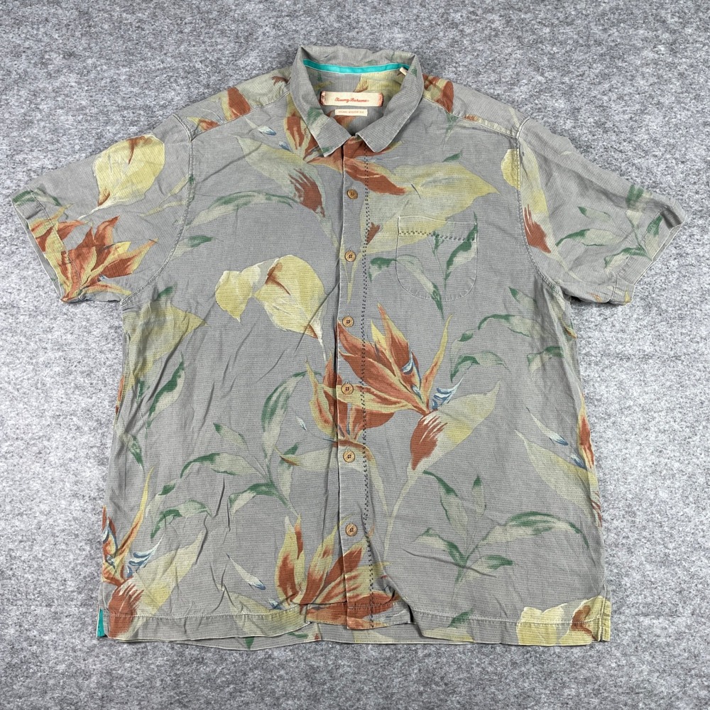 Tommy Bahama Shirt Mens XL 100% Silk Grey Floral Island Modern Fit Short Sleeve